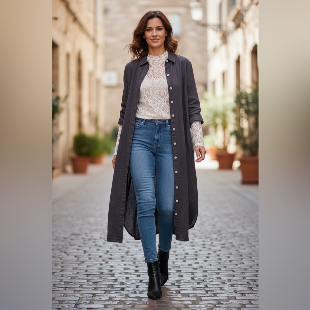 NWOT Becasa - 100% Linen Long Button-Front Shirt Dress or Duster